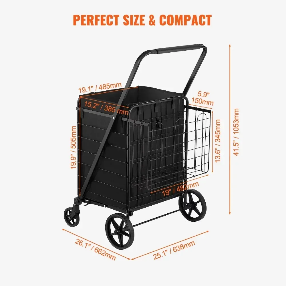 Folding Shopping Cart 330 Pound Heavy-duty Rolling Grocery Cart with Waterproof Detachable Bag Double Basket Practical Handcart