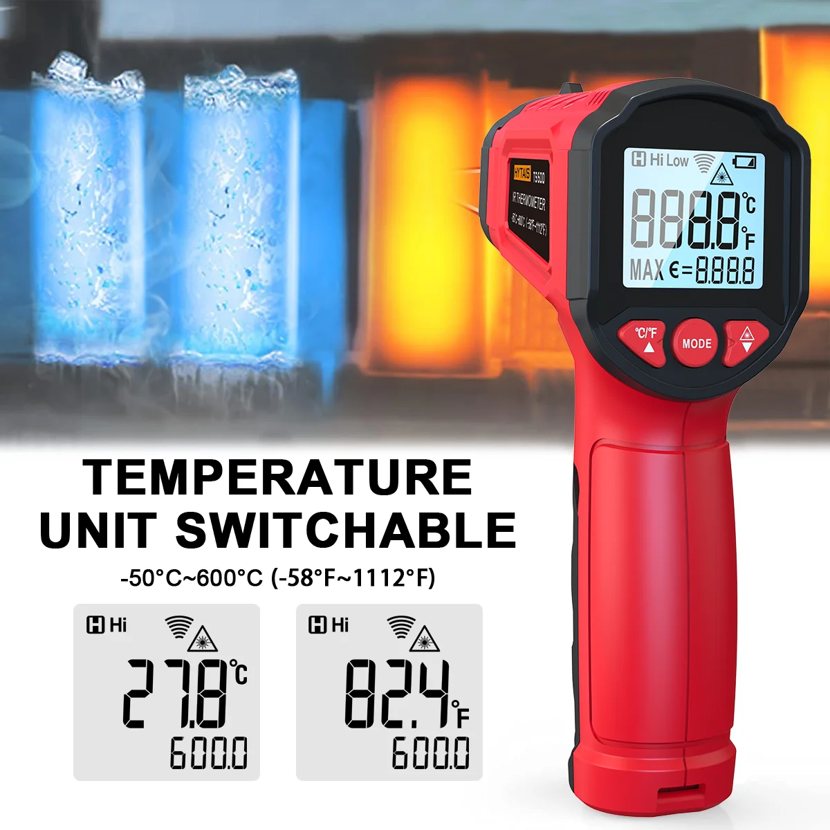 HYTAIS TS600 Cyfrowy termometr na podczerwień Czujnik Przemysłowy bezdotykowy pistolet na podczerwień Emissivity Adj -50~600 ° Ręczny pomiar