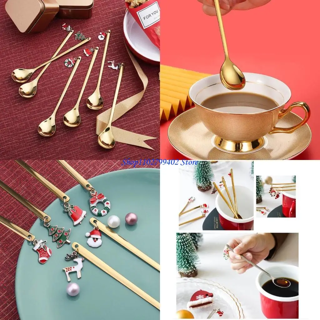 547F Set of 6 Stainless Steel Spoon Christmas Gift Dessert Spoon Kitchen Spoon Set Suitable for Family Daily Use Dinner Spoon