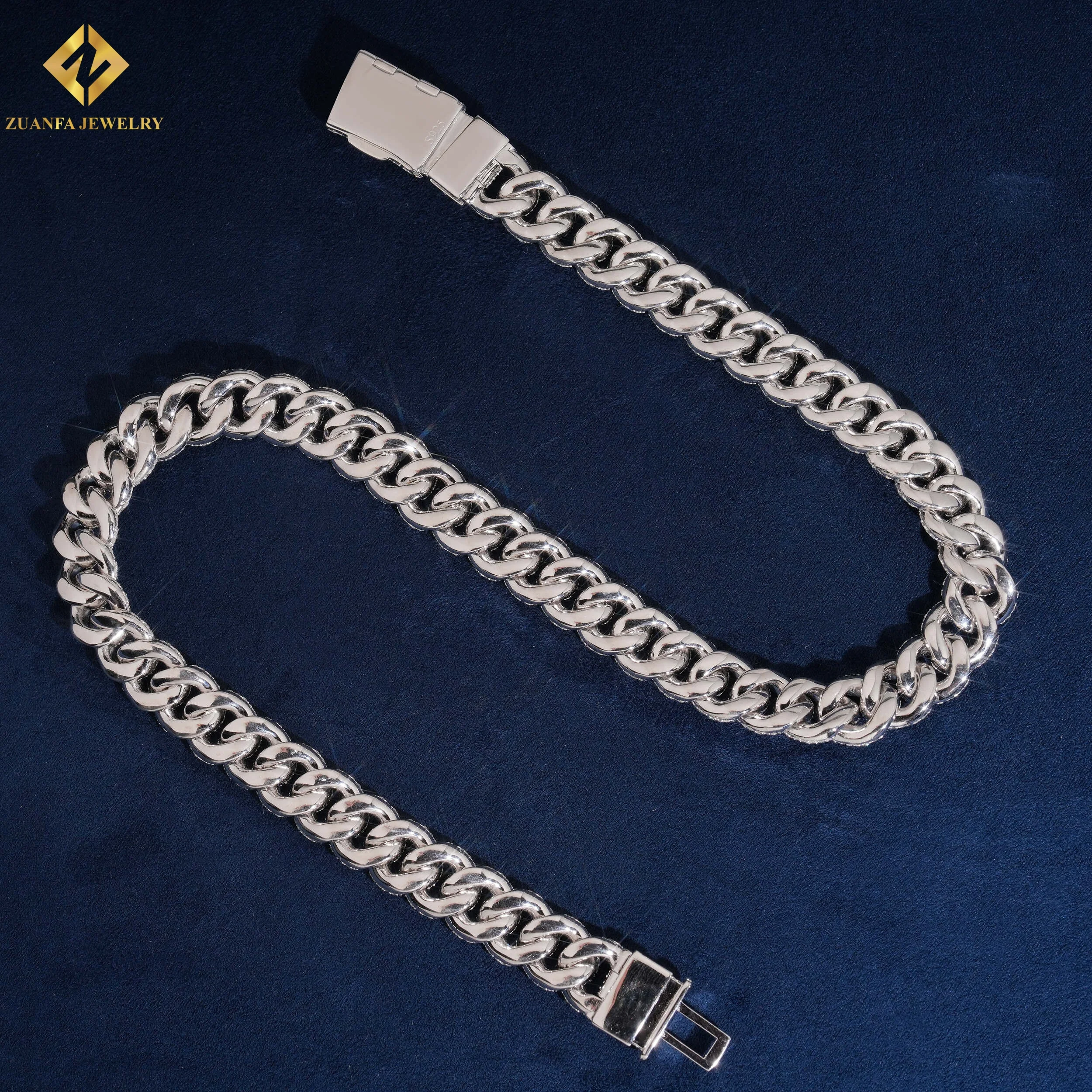 GRA Certified Men's 925 Silver Moissanite 14MM Cuban Link Chain Rhodium Plated Hiphop Necklace Round Brilliant Cut Micro Insert.