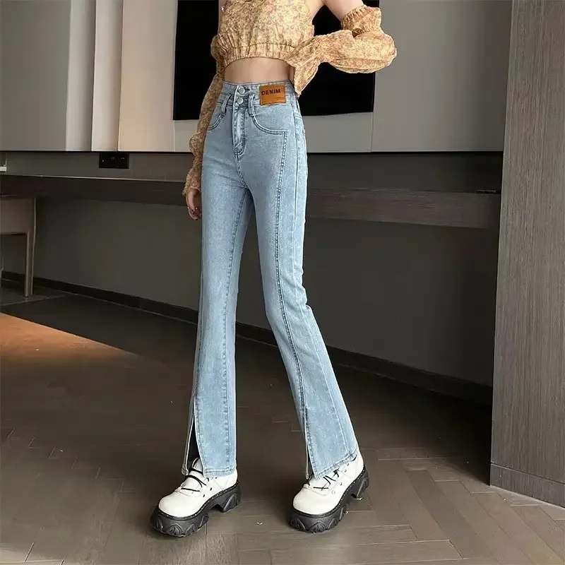 VintageChic Women's High-Waisted Elastic Slimming Jeans Spring-Autumn Side Slit Petite Microbell Bottom Pants Three-Quarter Leng