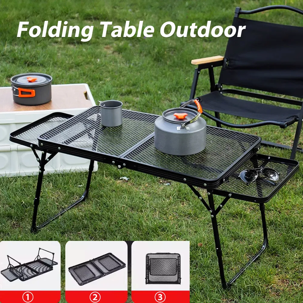 Outdoor Folding Grid Table Multifunctional Iron Mesh Portable Picnic Camping Table And Chairs Equipment Barbecue Table