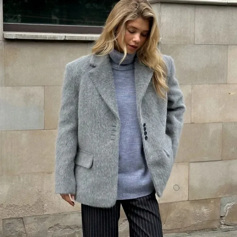 

Autumn Winter Plush Jacket Women's Loose Lapel Plush Jacket Solid Long Sleeve Button Office Elegant Blazer Warm Jacket
