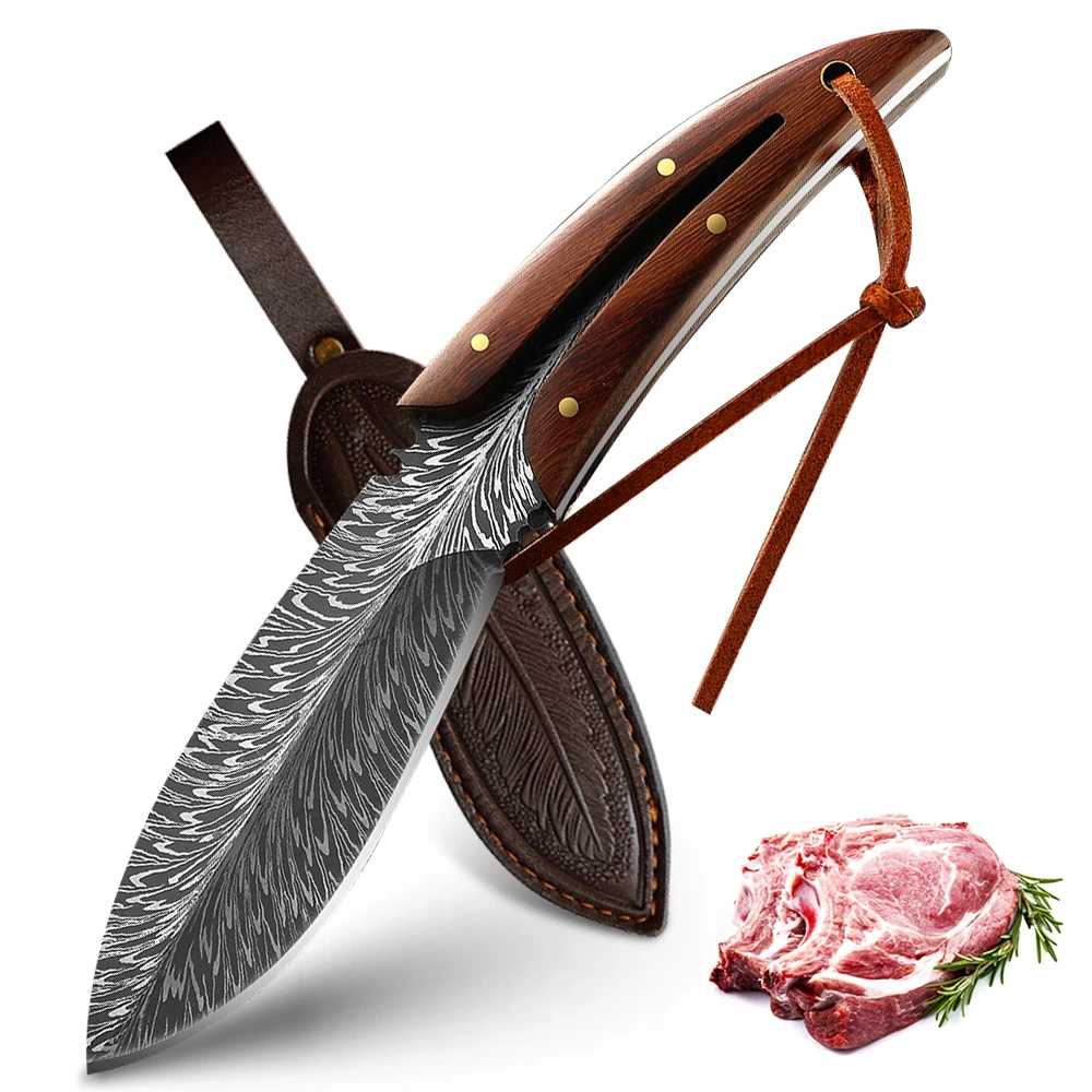 

Multi-Purpose Kitchen Knife Boning Knife Feather Pattern Knife With Sheath Stainless Steel Fruit Knives Chef Knife Meat Cleaver
