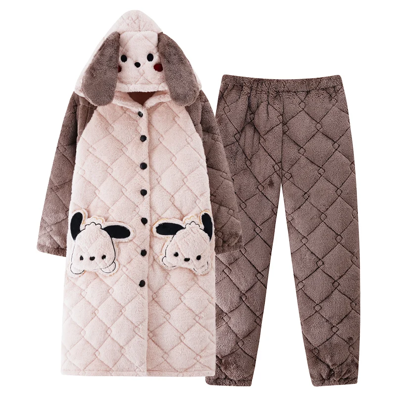 Winter 2 Pieces Set Thickened Cotton Clip Robe+Pant Women Long Sleeve Comfortable Soft Pyjamas Loose Female Bathrobe With Hooded