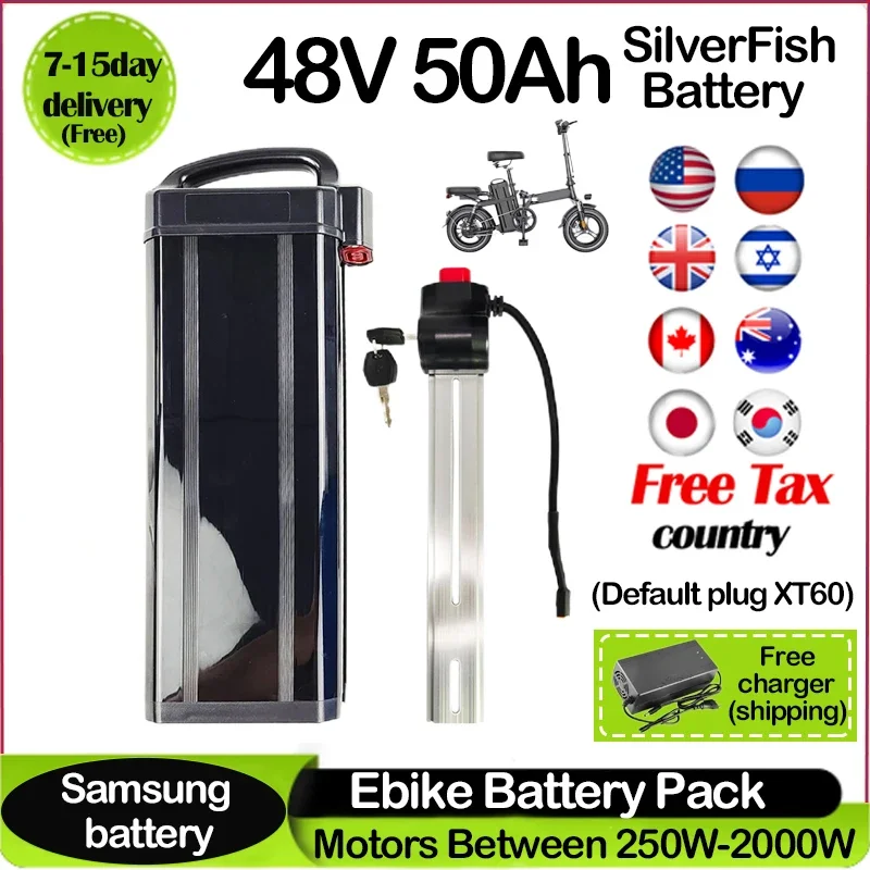 SilverFish Batterie Vélo 48v 1000W Duotts S26 Battery 48v 52v 60v 72v Electric Bike 30ah 25 35ah 20ah 40ah 50ah Battery with BMS