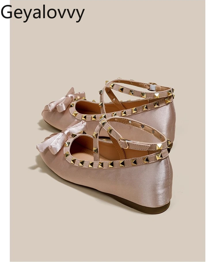 

4cm Height Increasing Rivet Satin Sweet Mary Jane Shoes New Spring Autumn Bowknot Solid Color Ballet Flats Shoes for Women