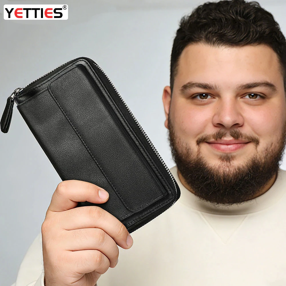 

Men's Long Genuine Soft Cowhide Leather Wallet | Large Capacity Multi-Function Zipper Clutch with Phone Holder for Daily Use
