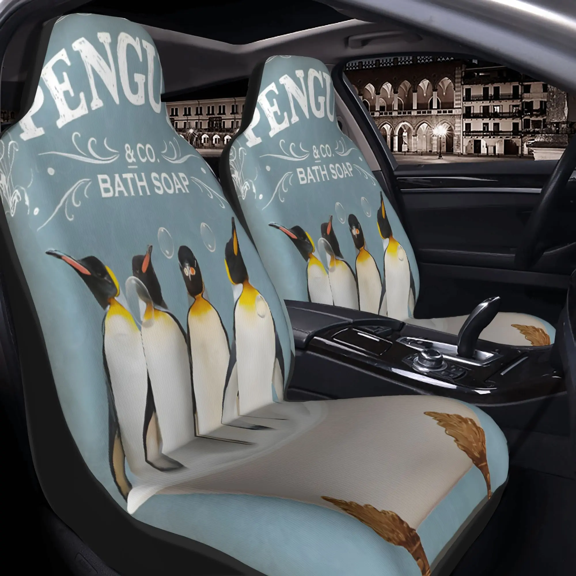 2pcs Penguin & Co. Bath Soap: Vintage-Style Penguin Group In A Bubble Bath Ad DesignCar Seat Covers, Suitable For All Vehicles,