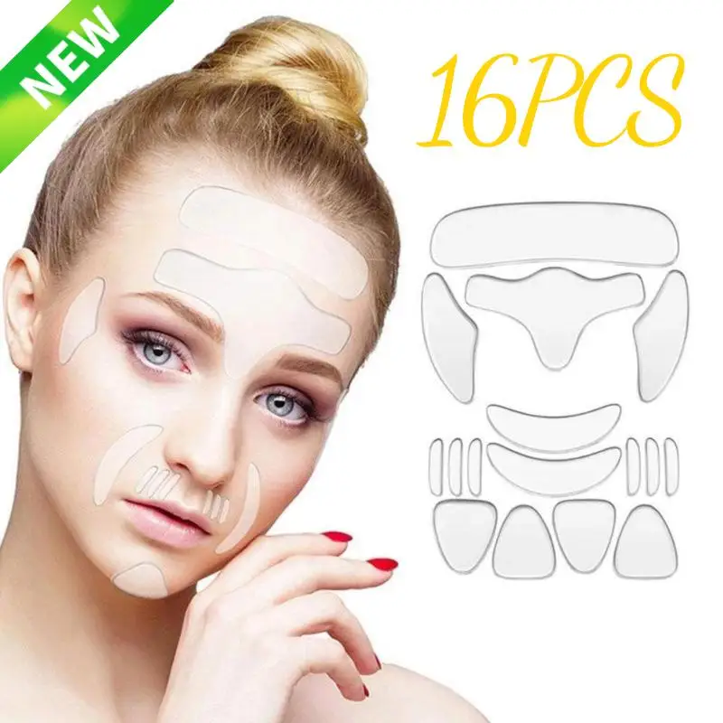 Reutilizáveis remendos de silicone para cuidados com a pele, almofadas anti-rugas, remoção de rugas, etiqueta facial, testa, pescoço, olho, 16pcs