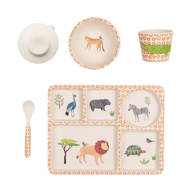 

*Bamboo fiber tableware suction cup bowl grid plate gift box set
