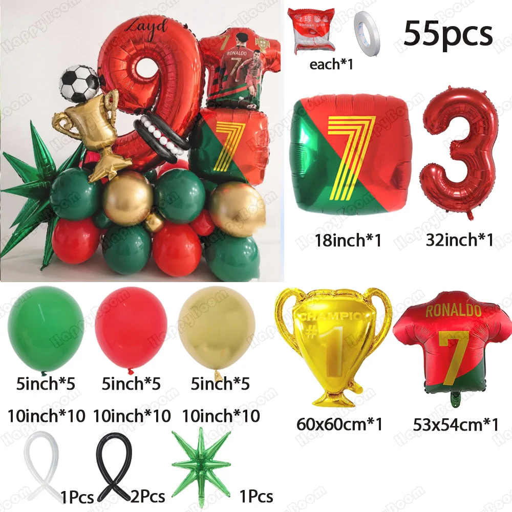 55pcs Cr7 Uniform Number Soccer Birthday Digital Foil Balloons Football Birthday Aluminum Film Balloons Set Party Decor Supplie view 4