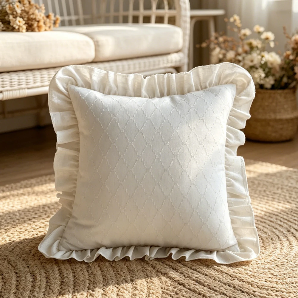 BUYNOW 1PC Plaid Jacquard Cushion Cover Ruffle Pillowcase Soft Home Decor for Sofa Bedroom Living Room Fashion Pillow Cover