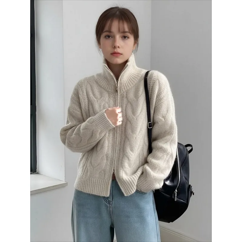Korean Double Zipper Solid Color Fried Dough Twists Turtleneck Women Retro Sweater Autumn Winter New Casual Knitted Cardigan 10