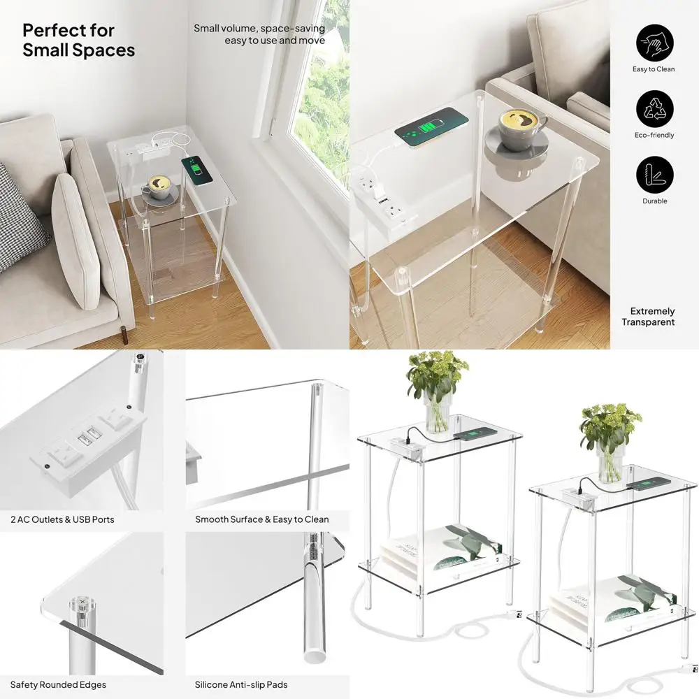 

Набор из 2 акриловых прикроватных столиков с зарядными и USB-портами — современные тумбочки для гостиной и спальни