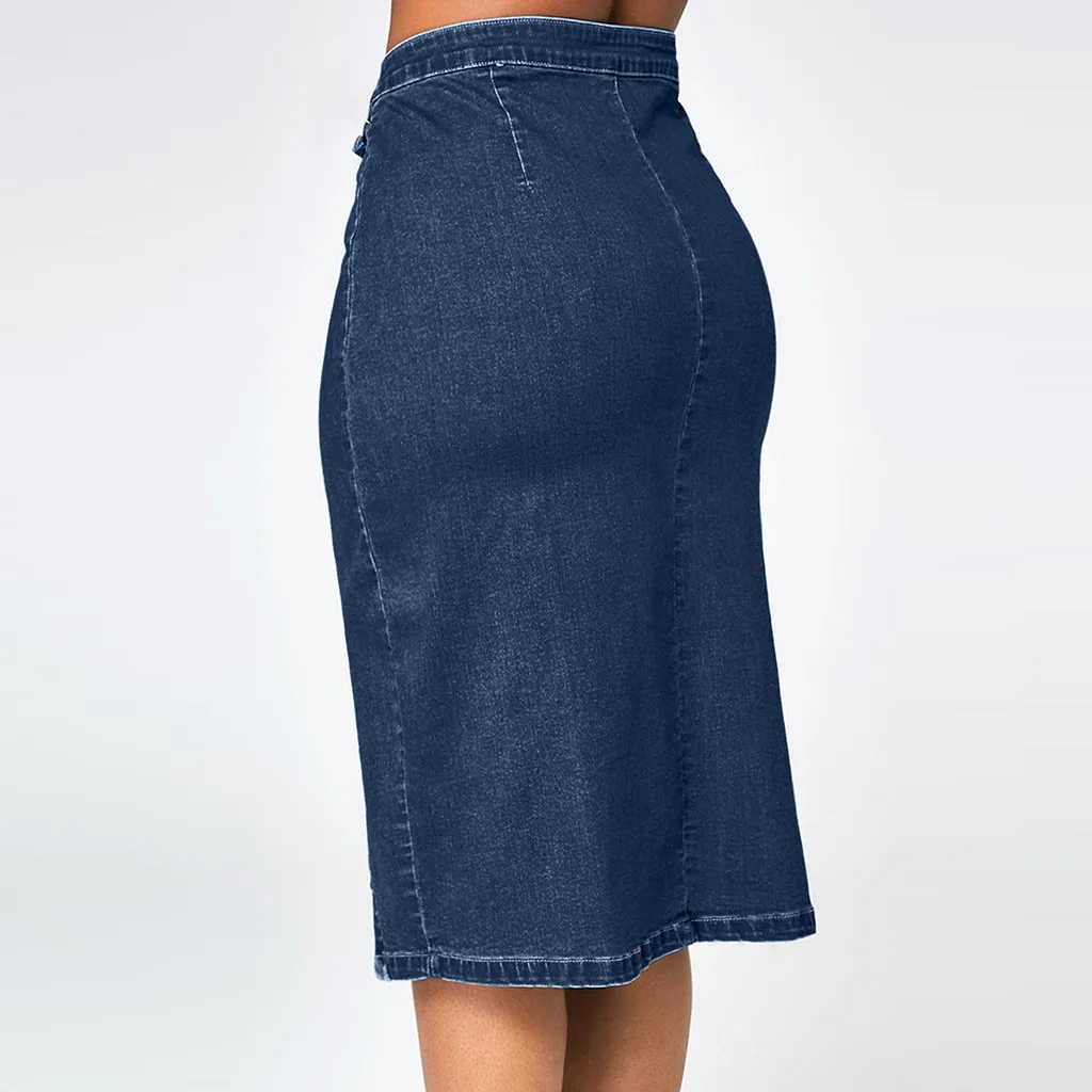 Dames Mode Slim Fit Veelzijdige Hoge Taille Grote Maat Denim Halve Rokken Vintage Zijknoppen Split Wrap Hip Mid Length Rok