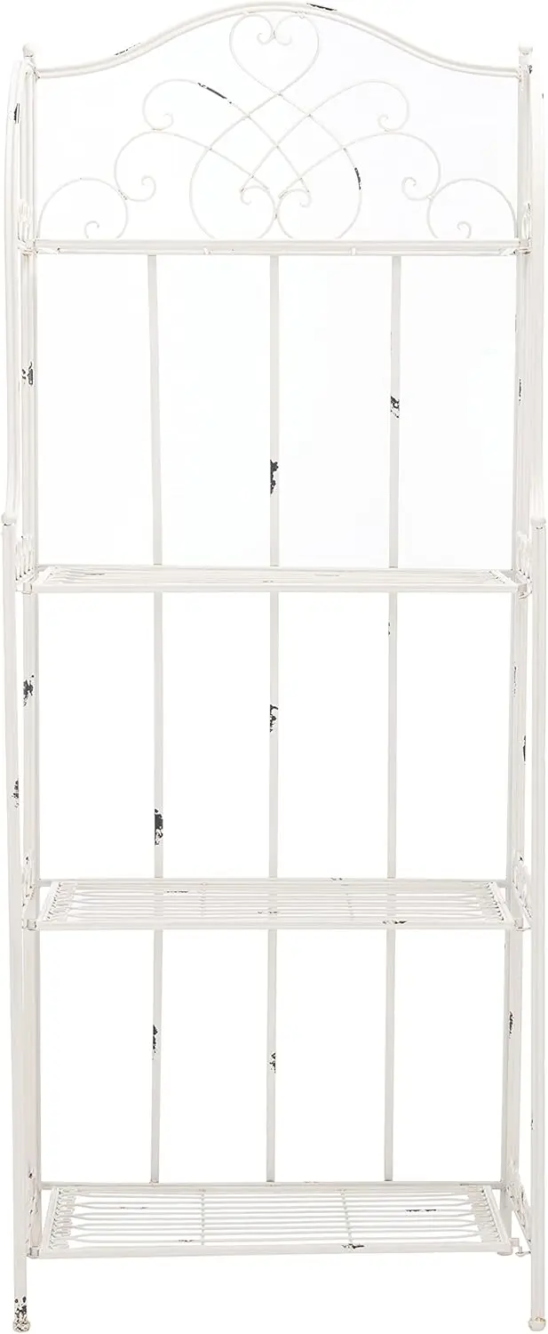 Antique White Wrought Iron 4-Tier Bakers Rack for Outdoor Storage and Display