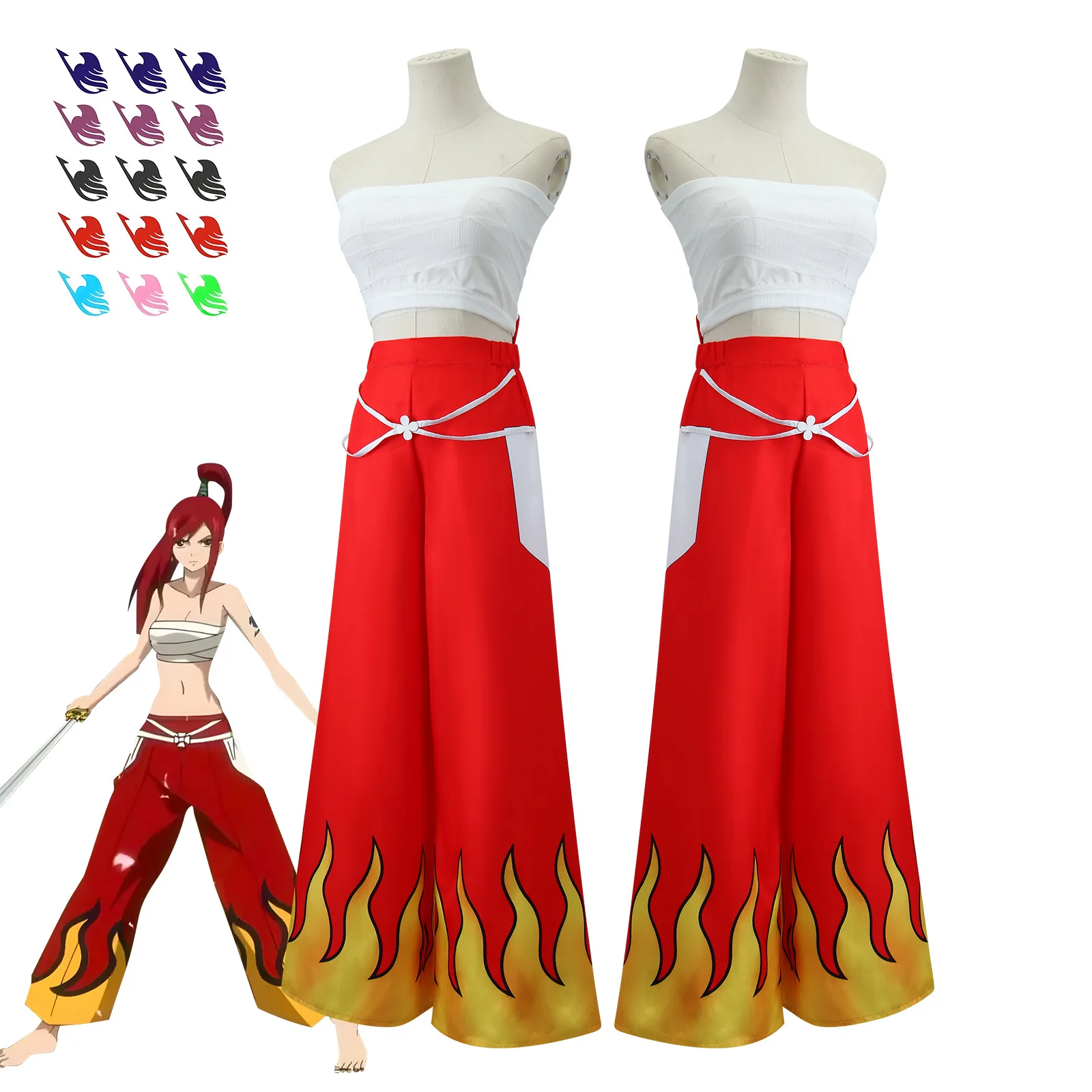 Erza Scarlet Fairy Anime Cosplay Costume Wig Tail Woman Battle Dress Japanese Pants White Tops Red Cool Set Tail Tattoo Sticker