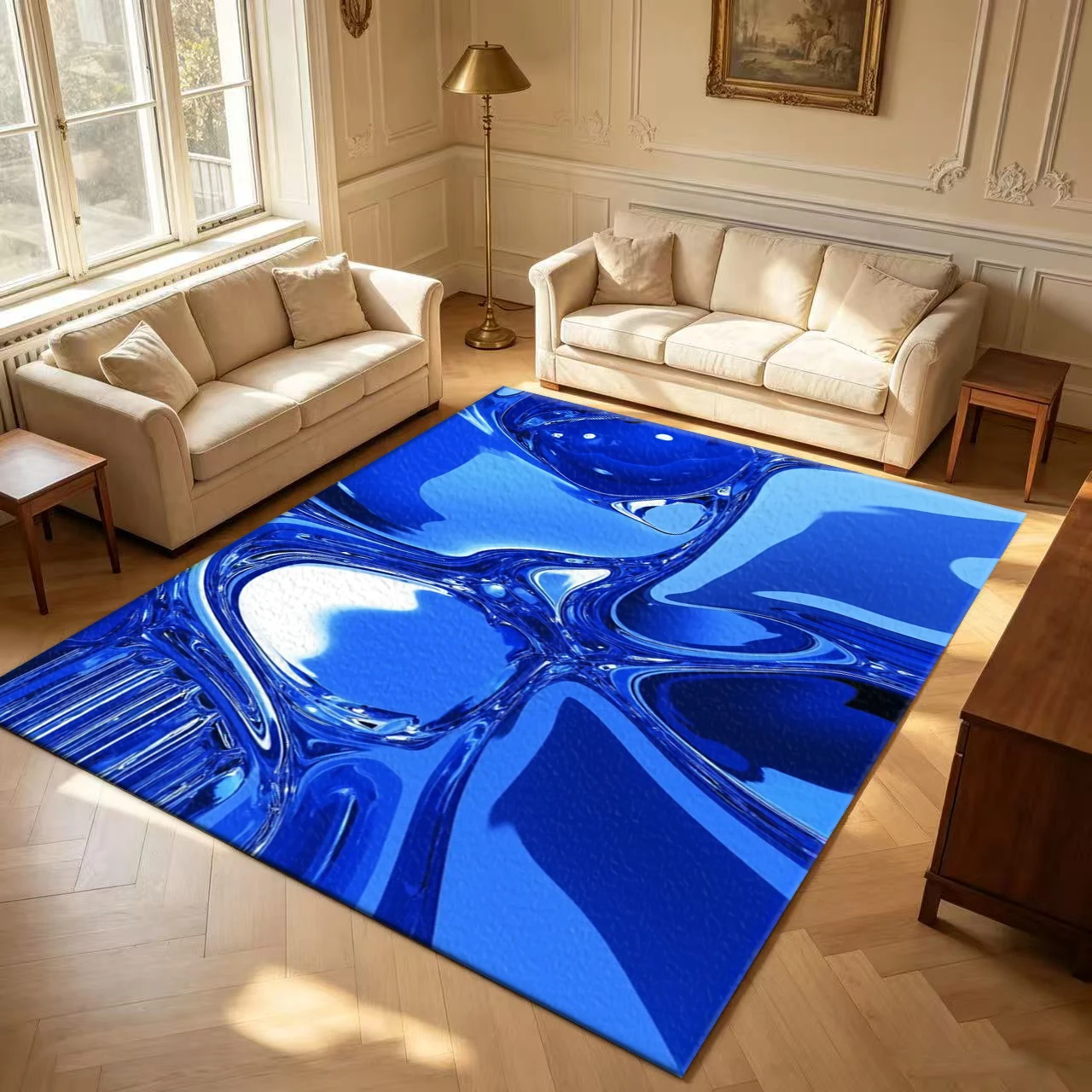 Bright Blue Liquid Metallic Fluid Texture carpet flooring Shiny Abstract Art Floor Rug