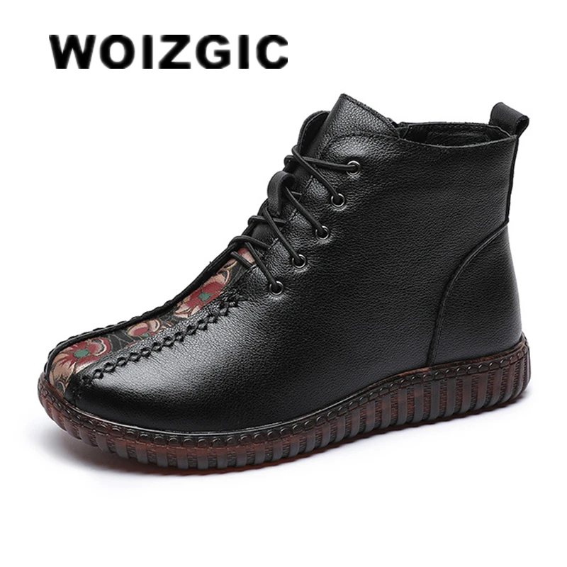 WOIZGIC Female Women's Mother Ankle Genuine Leather Boots Shoes Platform Floral Autumn Plush Fur Zipper Ethnic Style Size 41