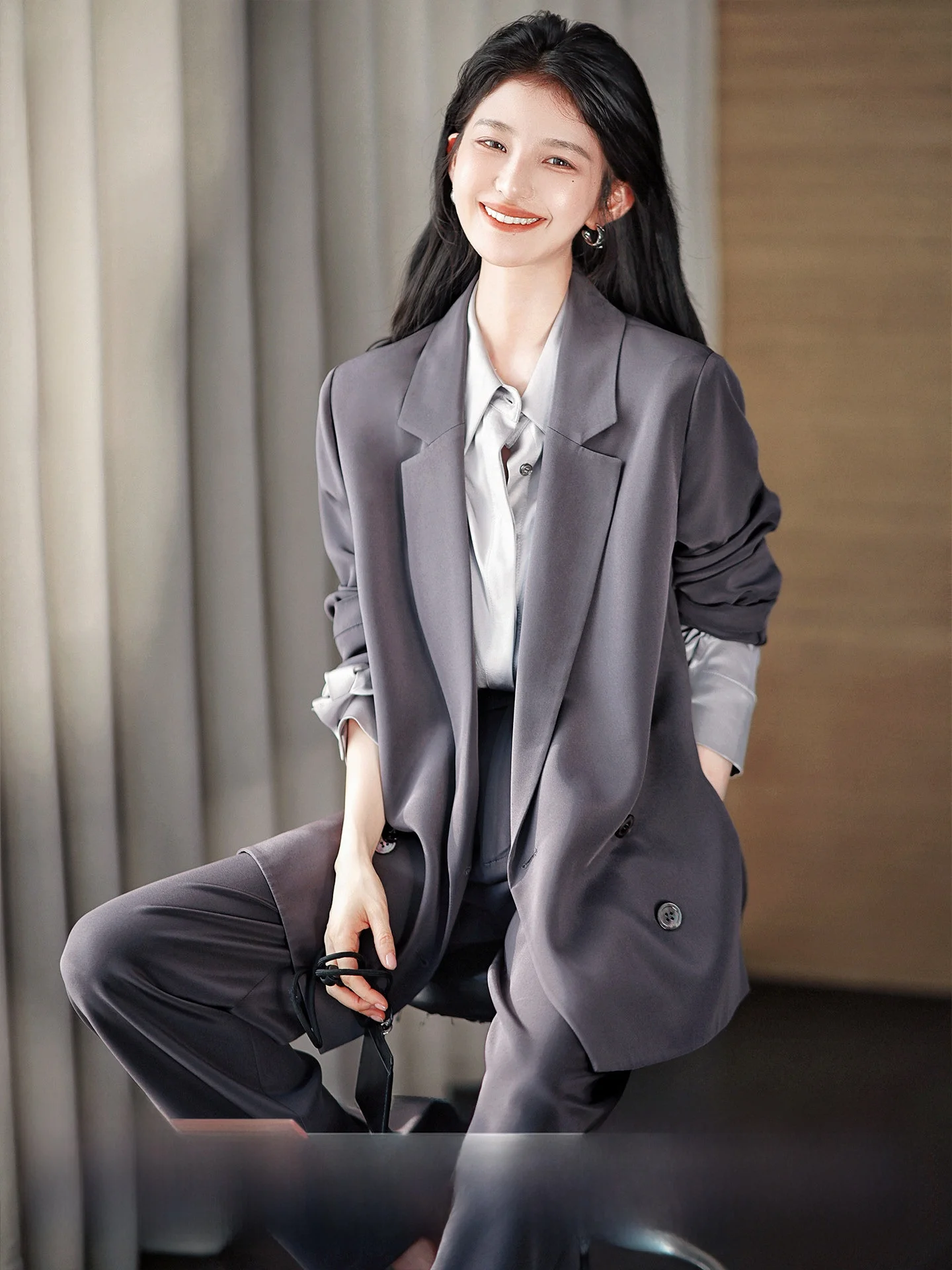 

New Arrival Luxury Silk Suit Set 30 Momme Elastic Heavy Wrinkle Wide Leg Pants Women's Casual Commute Style Long Sleeve Singl...
