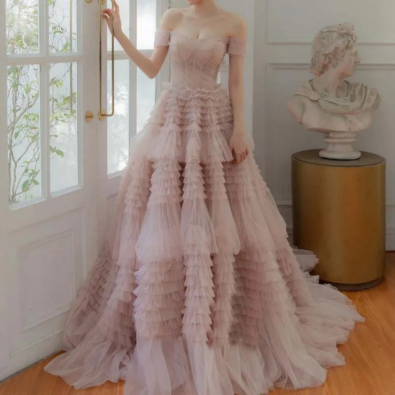 Sweet Pink Off Shoulder Evening Dresses Tulle Tiered Strapless Puffy Formal Prom Gown Birthday Party Dresses Vestido Custom Made