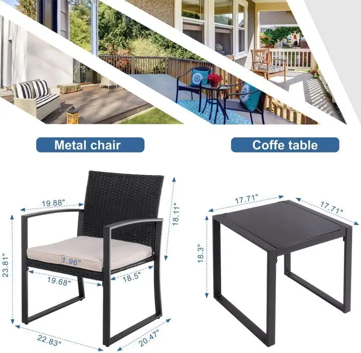 3 Pieces Outdoor Patio Furniture Set Modern Black Wicker Bistro Set Rattan Chair Conversation with Coffee Table