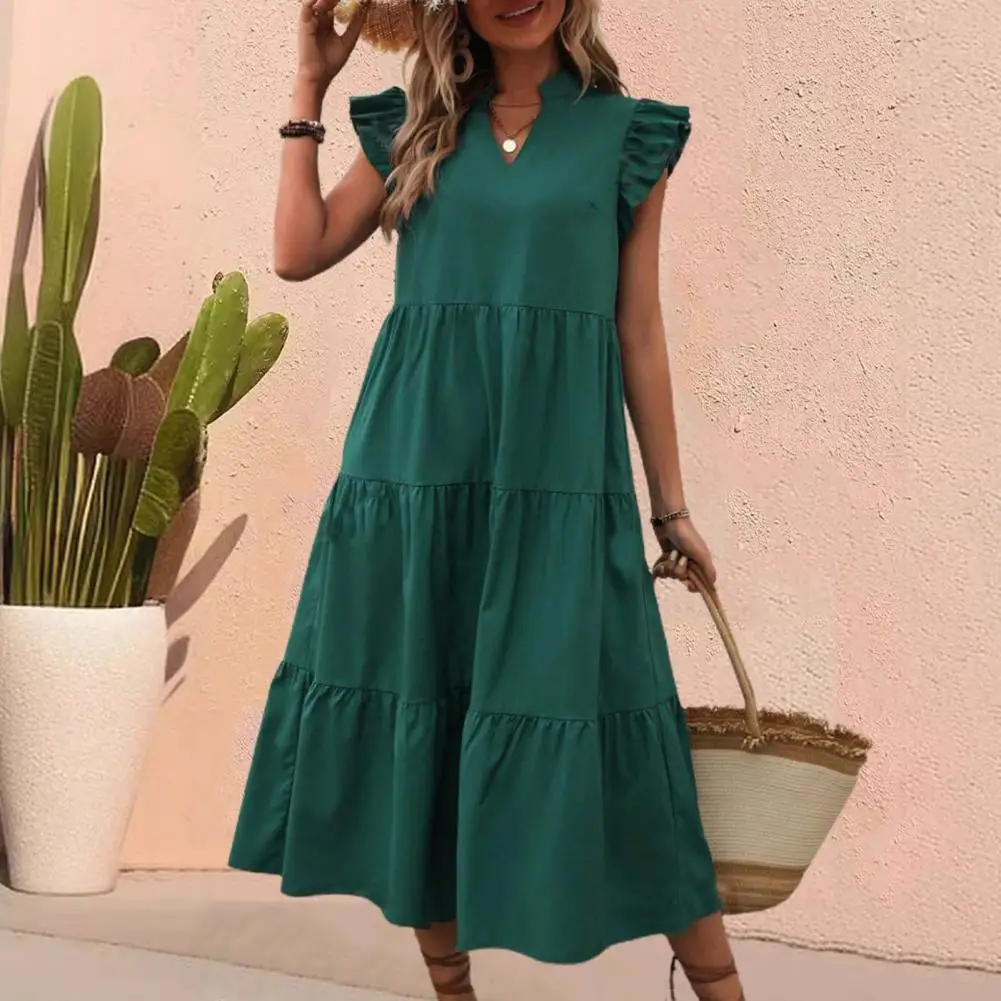 Vestido feminino monocromático com decote em v com mangas plissadas, vestido elegante de verão, linha A, namoro, férias na praia