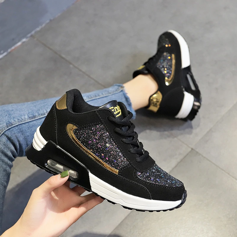 Women Lace Up Sneakers Glitter Autumn Flat Vulcanized Ladies Bling Casual Female Fashion Platform Plus Size Shoes 2022