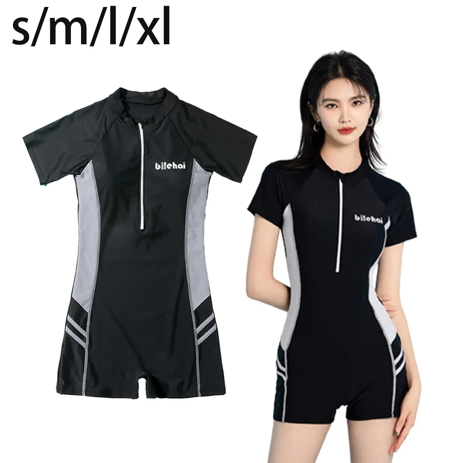 Womens Bathing Suit with Front Zip UP Short Sleeve Wetsuit for Swimming Snorkeling Surfing Beach Holiday Sun Protection Athletic