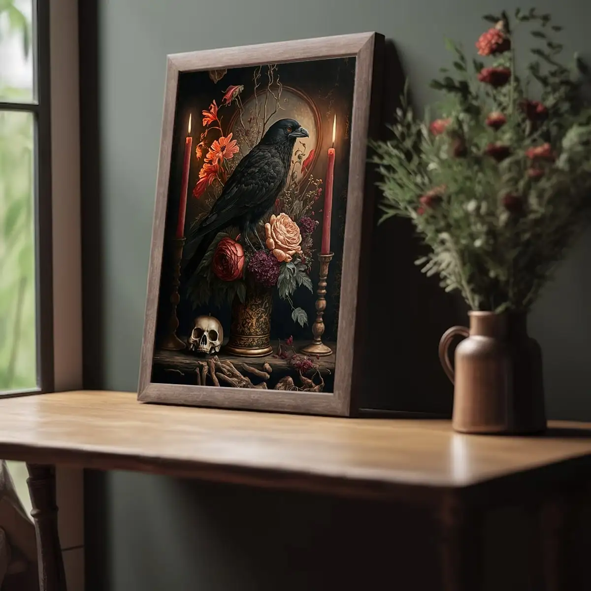 1 قطعة مجردة القوطية قماش جدار الفن |   جمجمة الغراب، طباعة الأزهار والشمعة، بدون إطار |   ديكور مثالي للمنزل #5