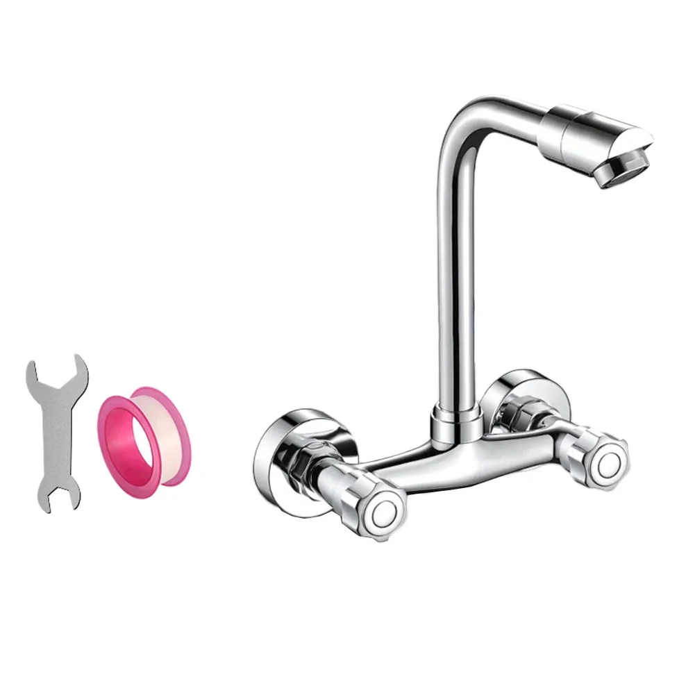 

Wall Mounted Kitchen Mixer Tap Double Handle Kitchen Faucet Cold And Hot Water Taps Rotation Sink Faucet Brass Body