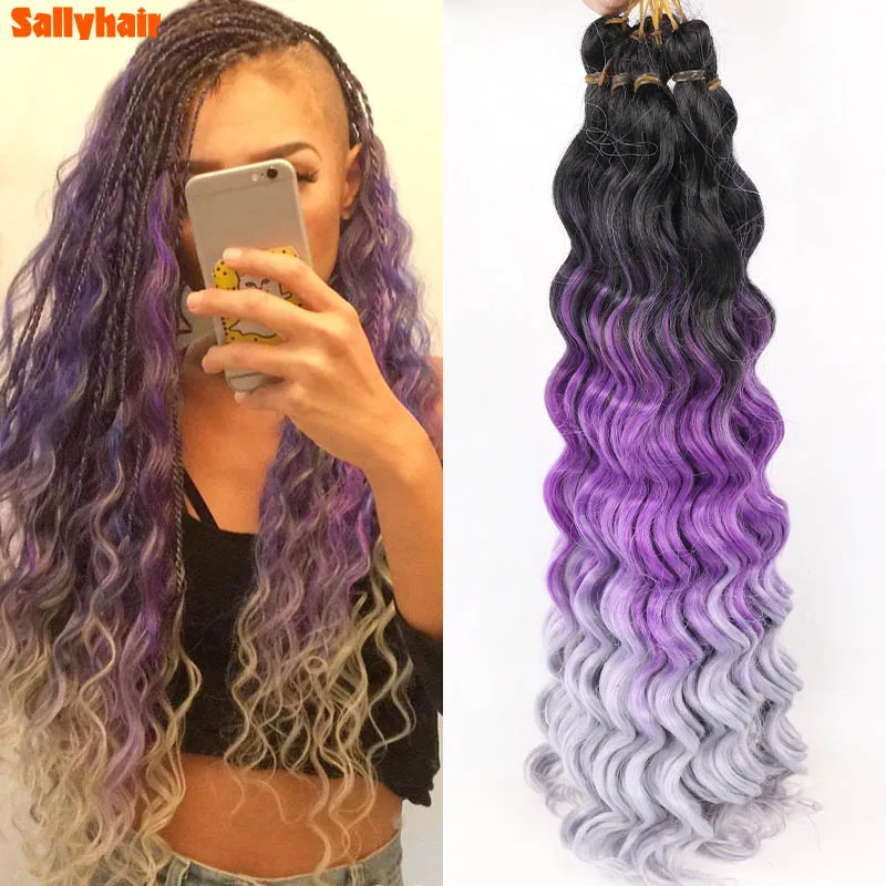 Sallyhair Synthetic Deep Ocean Wave Curly Braiding Hair Extensions Water Wave Crochet Braiding Hair Black Purple Grey 80g/Pack