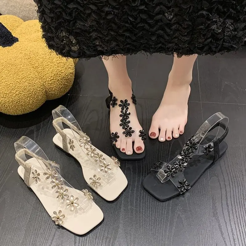 

Rhinestone Transparent Heel Sandals For Women Summer flattie Square Heel Open Toe Sandals Woman Wedding Dress Shoes Plus Size 43