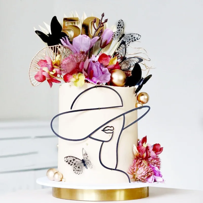 New Abstract Happy Birthday Cake Topper Sketch Face Black Acrylic Wedding Party Cupcake Topper Butterfly Cake Dessert Decoration