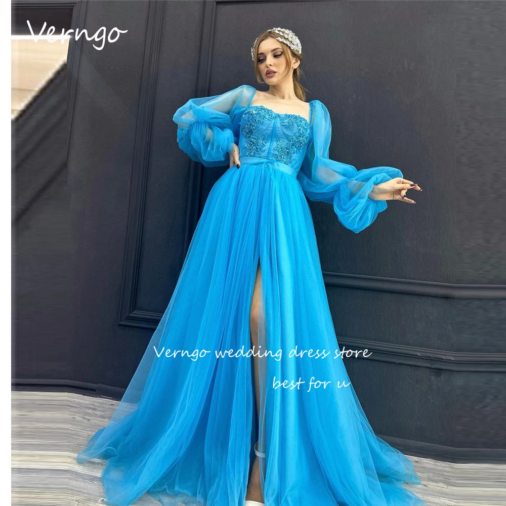 

Verngo Princess Blue Dubai Arabic Women Formal Evening Dresses Puff Long Sleeves Sweetheart Applique Split Prom Gowns Plus Size