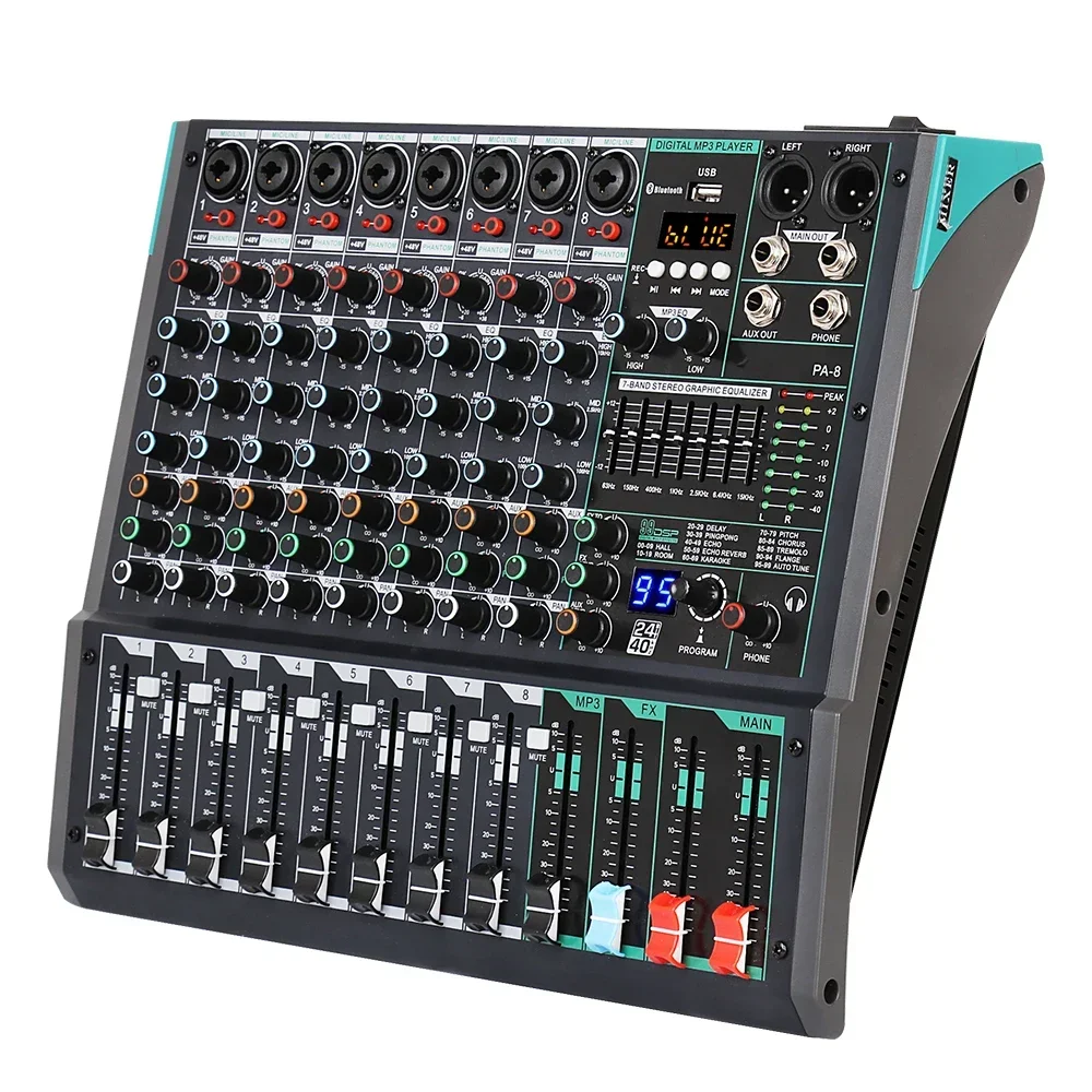 Biner-PA8 Console profissional, entrada de computador MP3, built-in 99 Reverb Effect, 8 canais Digital Audio Mixer