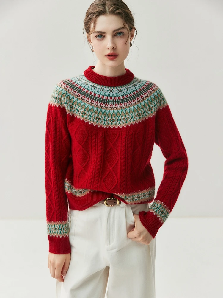 Women Pullover Sweaters 100% Cashmere Knitted Autumn Winter O-neck Loose Fair Isle Lazy Style Twist Flower Tops Light Luxury