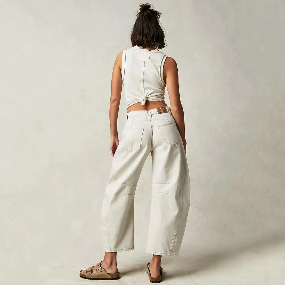Women Denim Trousers Retro Wide Leg Women's Jeans with Hip Hop Pockets Zipper Closure Stylish Streetwear Denim Trousers for A