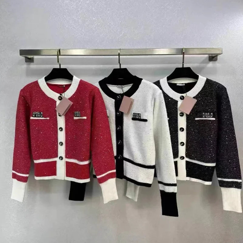 Women Clothing French Fashion Sequin Knitted Sweaters Spring Summer Simple All-match Pocket Cardigan O-Neck Button Tops