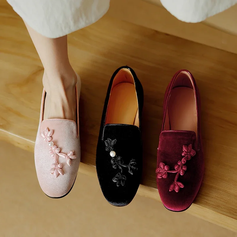 2024 new spring summer women pumps natural leather 22-24.5cm flock+pigskin Pearl Flower Chinese Style Retro Comfort women shoes