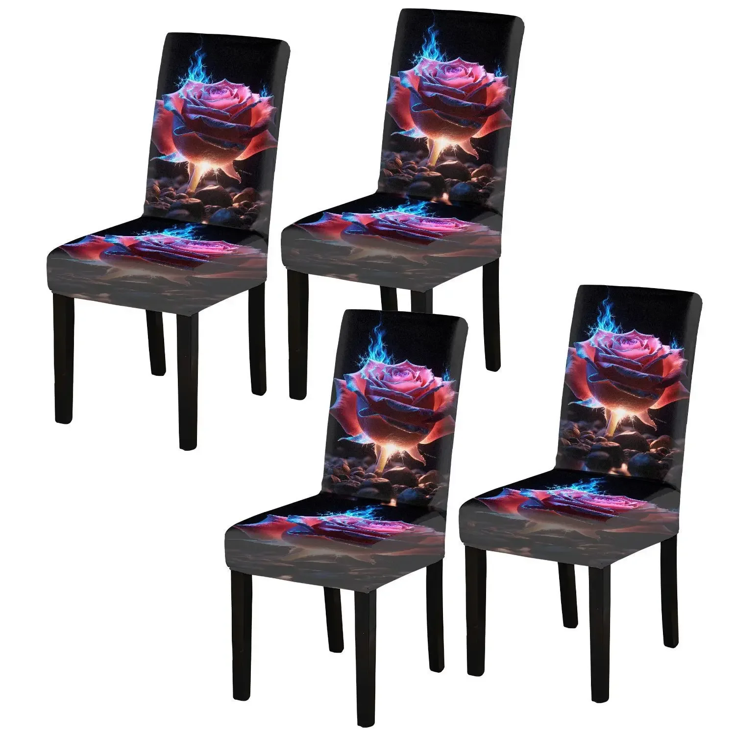 Elastic dining chair cover, removable home decoration items, blue flame rose print pattern