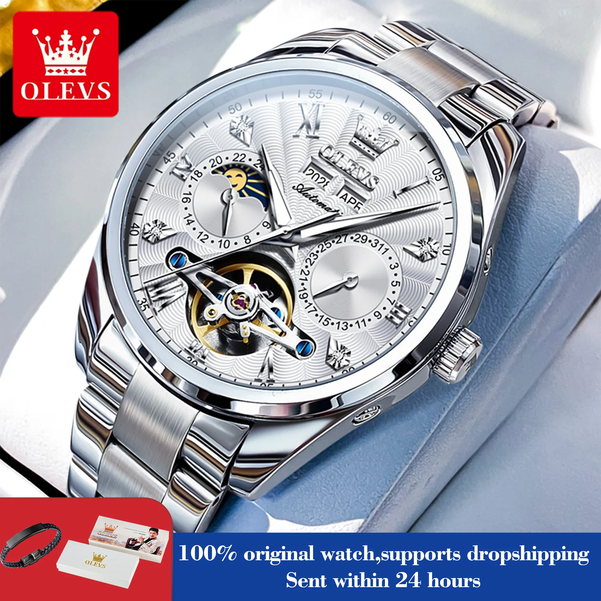 

OLEVS 7028 Мужские автоматические часы с полым скелетом Механические часы для мужчин Водонепроницаемые Moonswatch с автоматической датой и римской шкалой Ручные часы