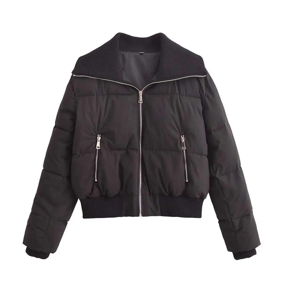 

Модное женское короткое пальто с хлопковой подкладкой, осень 2024, новая черная куртка на молнии с отложным воротником и карманами, повседневная уличная одежда, верхняя одежда