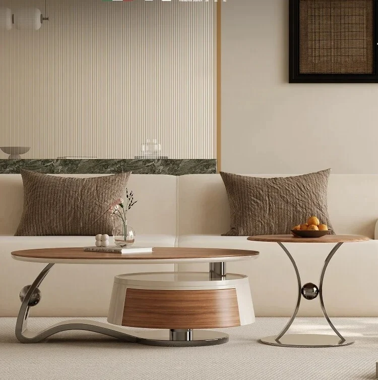 

Special-shaped coffee table combination light luxury stainless steel slate walnut leather medium ancient style