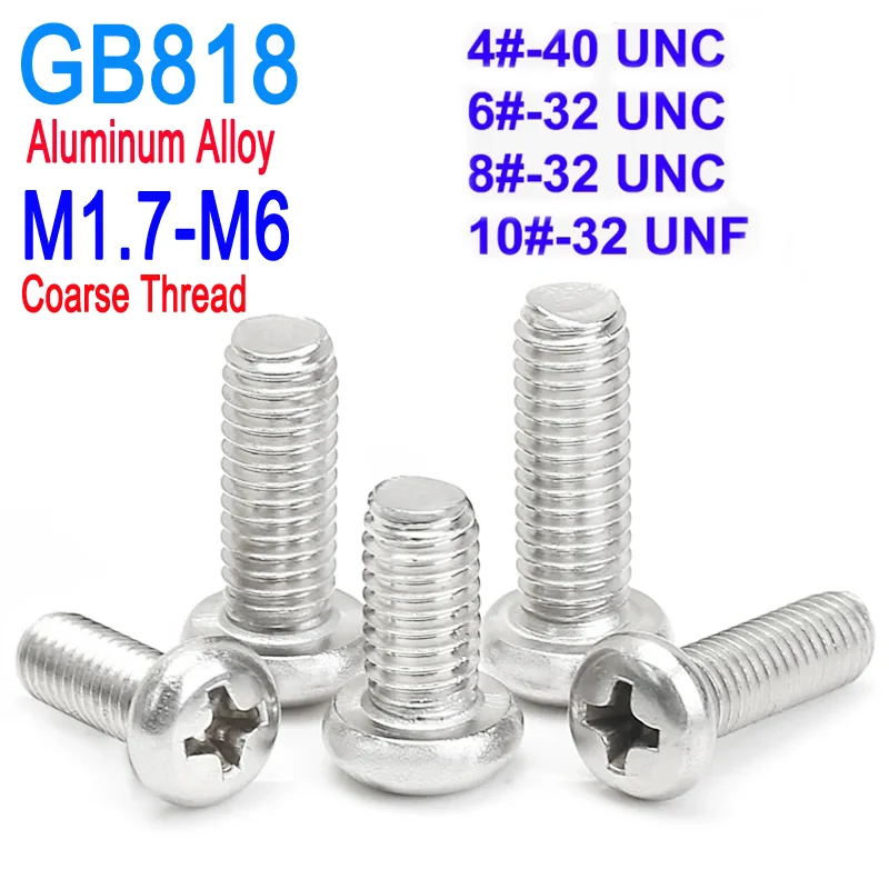 

Aluminum Alloy 4#-40 6#-32 8#-32 10#-32 UNC UNF M1.7 to M6 Coarse Phillips Cross Recessed Pan Head Screws DIN7985 GB818