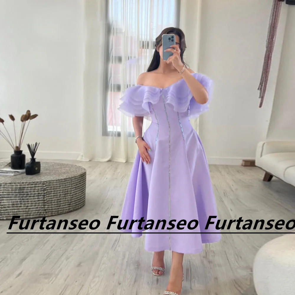 

Lavender Elegant Evening Gown Off The Shoulder Ruffle Tea-Length Vestidos Para Mujer Gala Robes Formal Occasion De Soirees Dubai