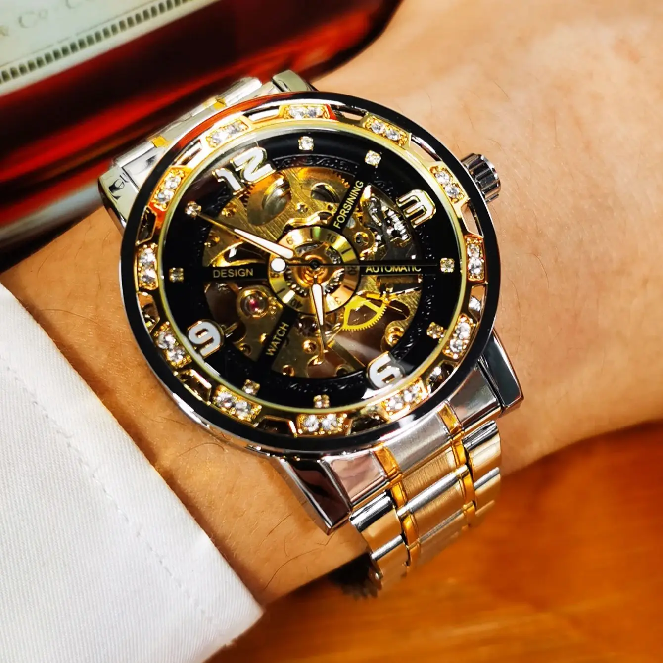 Forsining الساعات الميكانيكية الفاخرة مضيئة الأيدي الرجعية الذهب الهيكل العظمي ساعة للرجال الفولاذ المقاوم للصدأ حزام الأعمال ساعات المعصم