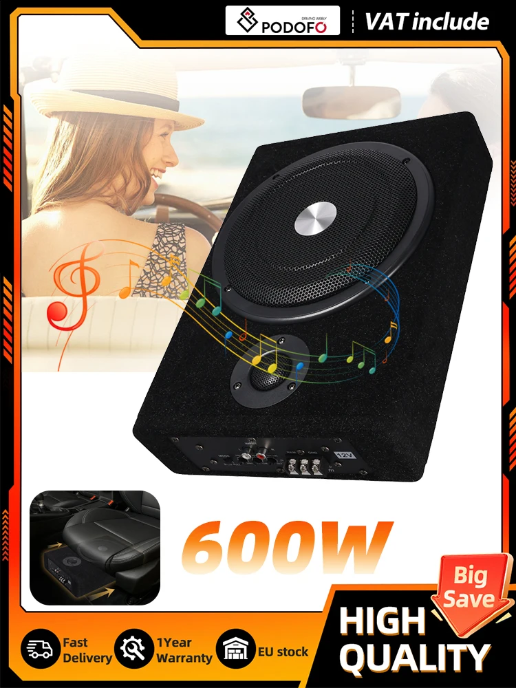 Podofo 8 inch 600W slanke subwoofer onder de stoel voor auto, aangedreven bas audio stereo versterker speaker voor auto audiosysteem - afbeelding 2