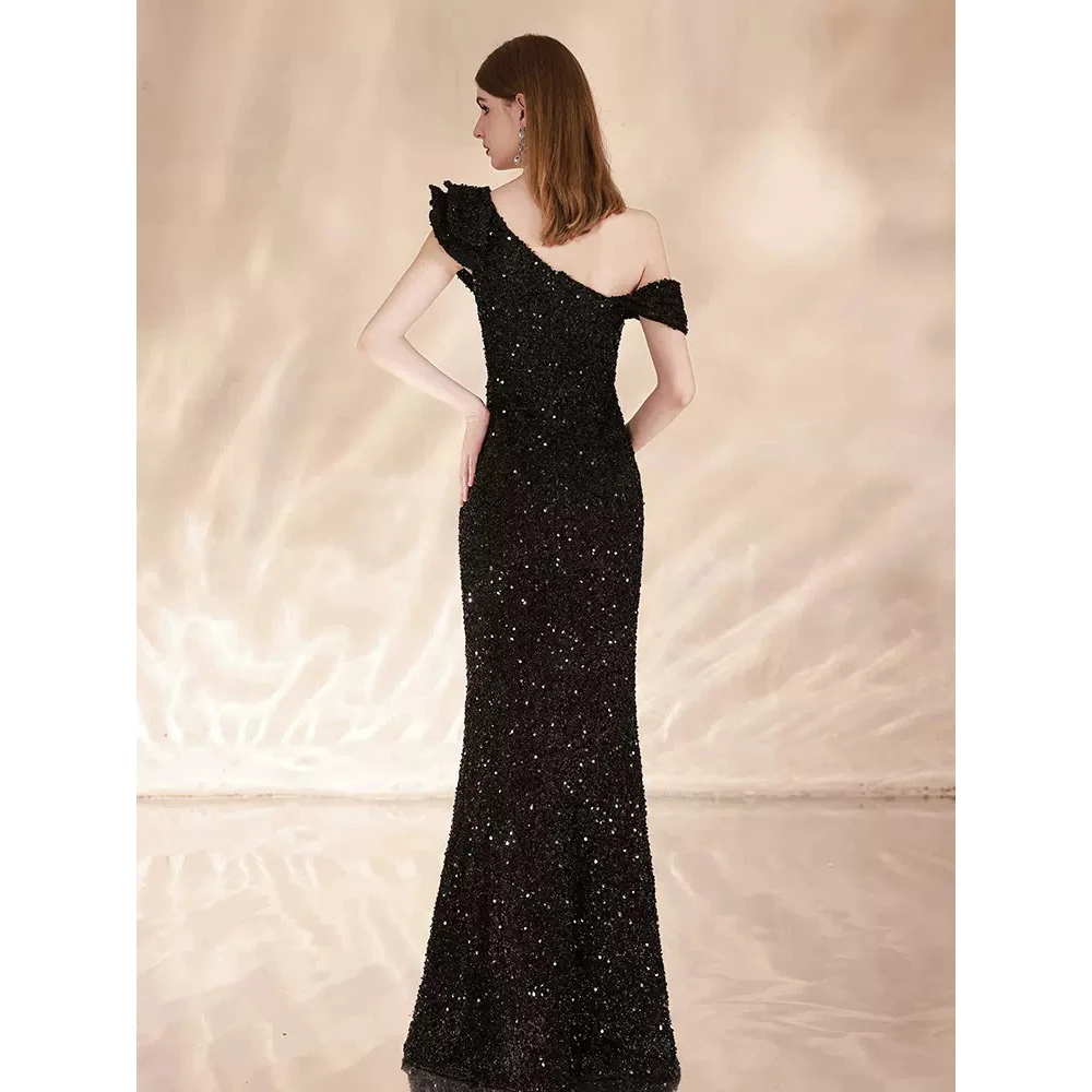 DEERVEADO One Shoulder Evening Dress for Women Elegant And Pretty Dress for Prom Mermaid Slit Sequin Formal Party Maxi Dress